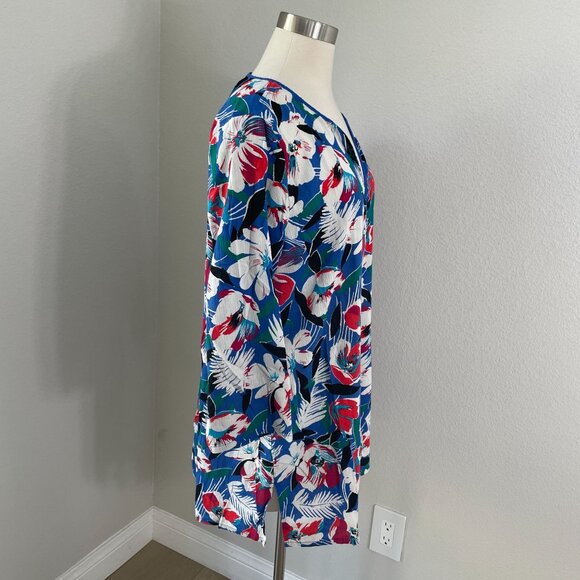 J Crew Womens XL Floral Cotton Tunic Top 3/4 Sleeves Split Neck Tropical Shirt - Picture 2 of 10